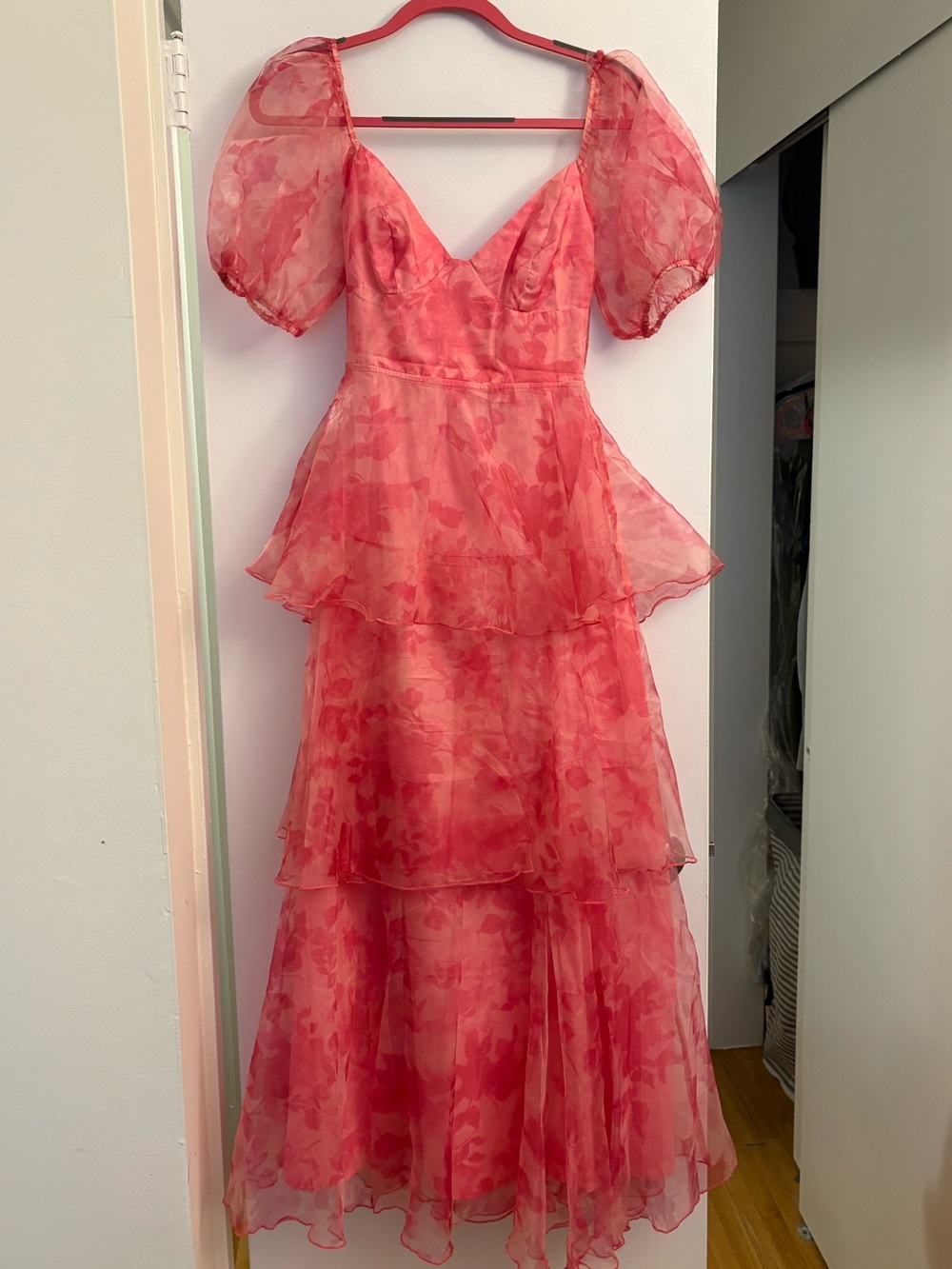 Hello Molly Coral Pink Tiered Puff-Sleeve Maxi Dress